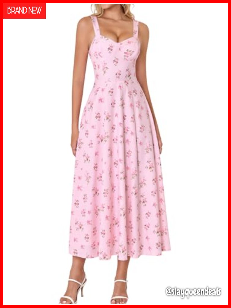 Floral Lace Smocked Sweetheart Neckline A-Line Midi Dress